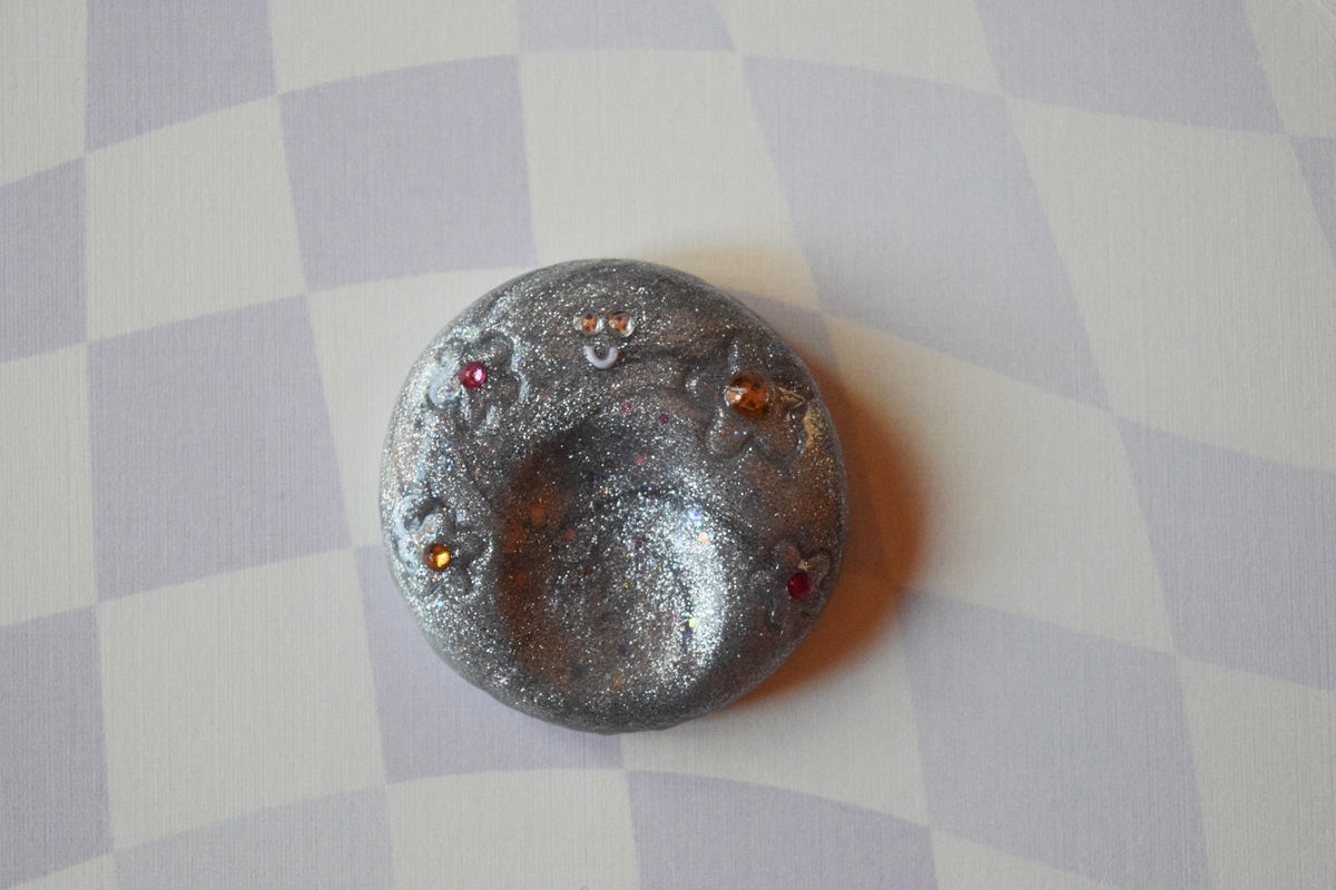 Silver glitter happy face worry stone with Swarovski crystals, limited edition handmade fidget stone