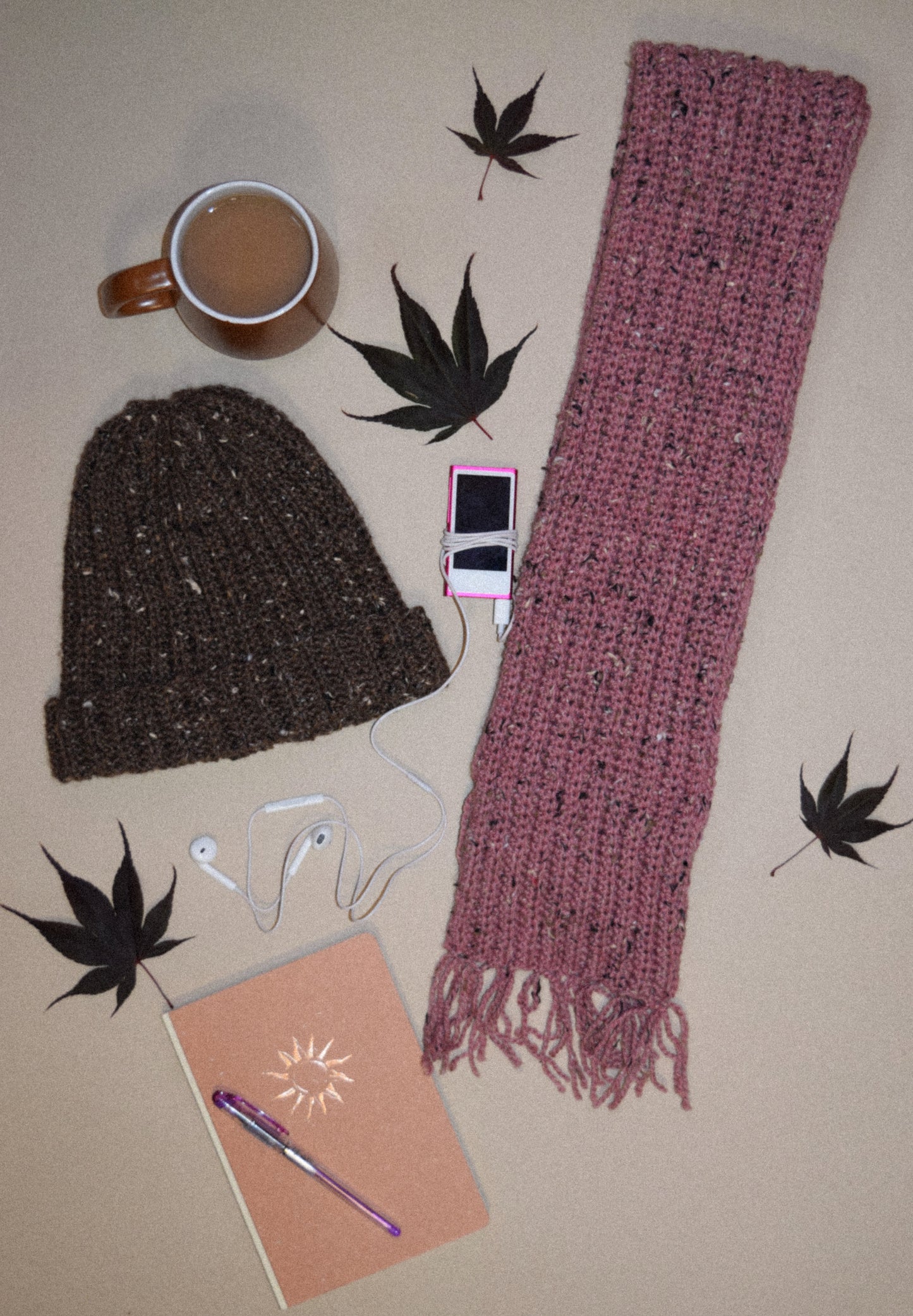 colour pop cozy scarf and beanie set (brown and pink)