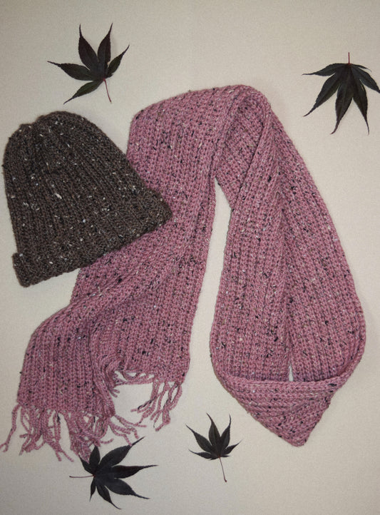 colour pop cozy scarf and beanie set (brown and pink)